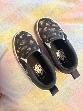Vans Kids Black Slip-On Sneakers with Floral Accents size 11
